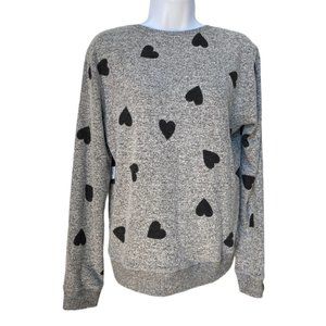 Lucky Brand Long Sleeve Grey Sweater Crew Neck Black Hearts NWT Sz S